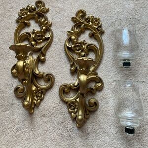 Vintage Pair Homco Gold Wall Sconces Candle Holders Hollywood Regency MCM 15"